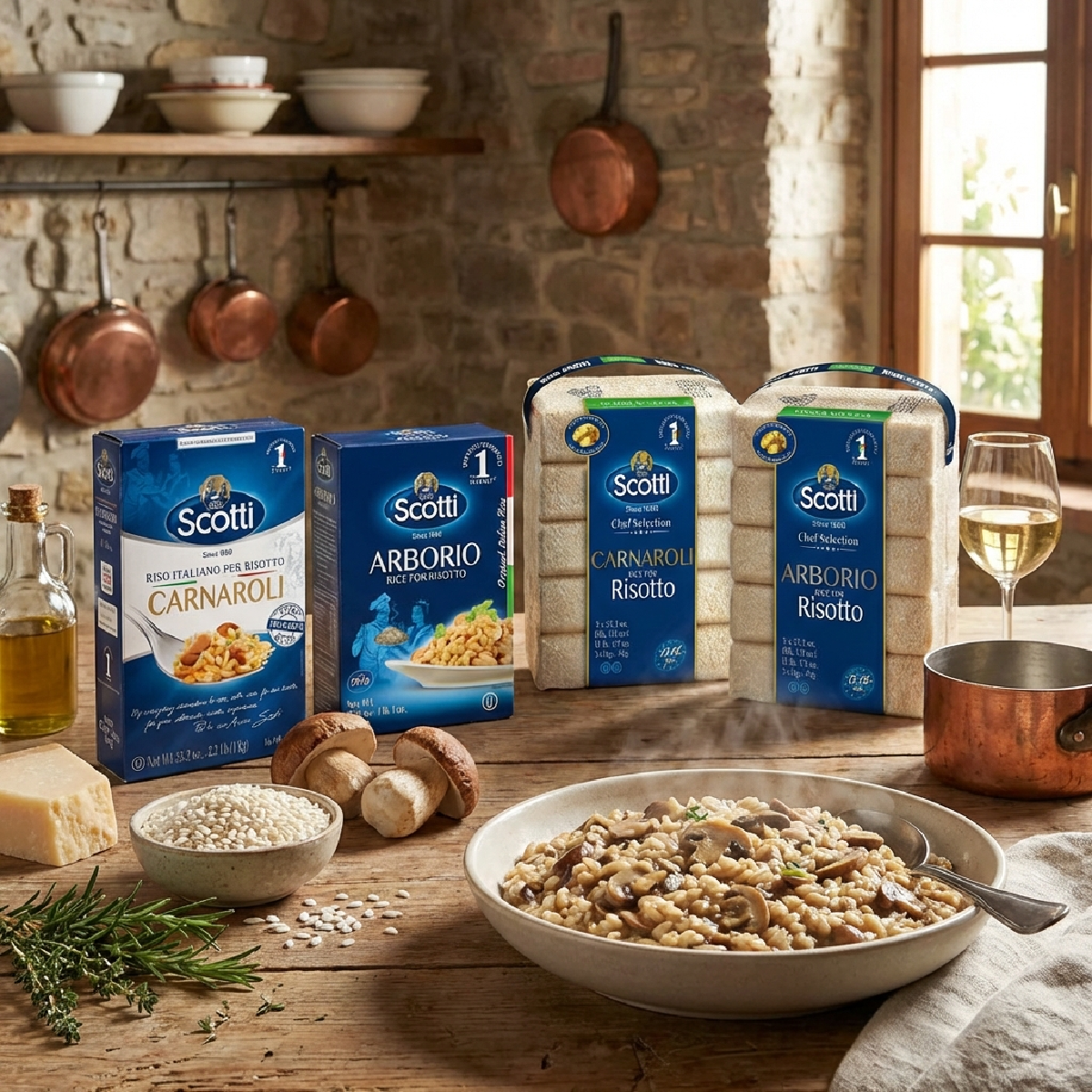 A rustic Italian kitchen scene featuring Scotti Arborio and Carnaroli rice with freshly prepared mushroom risotto and classic ingredients.