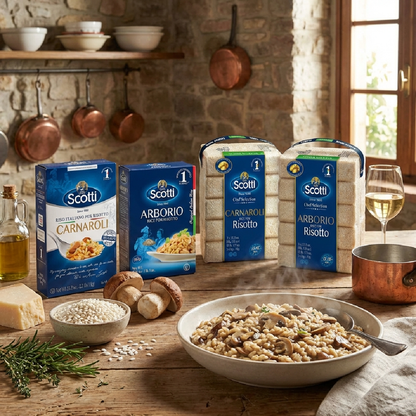 A rustic Italian kitchen scene featuring Scotti Arborio and Carnaroli rice with freshly prepared mushroom risotto and classic ingredients.