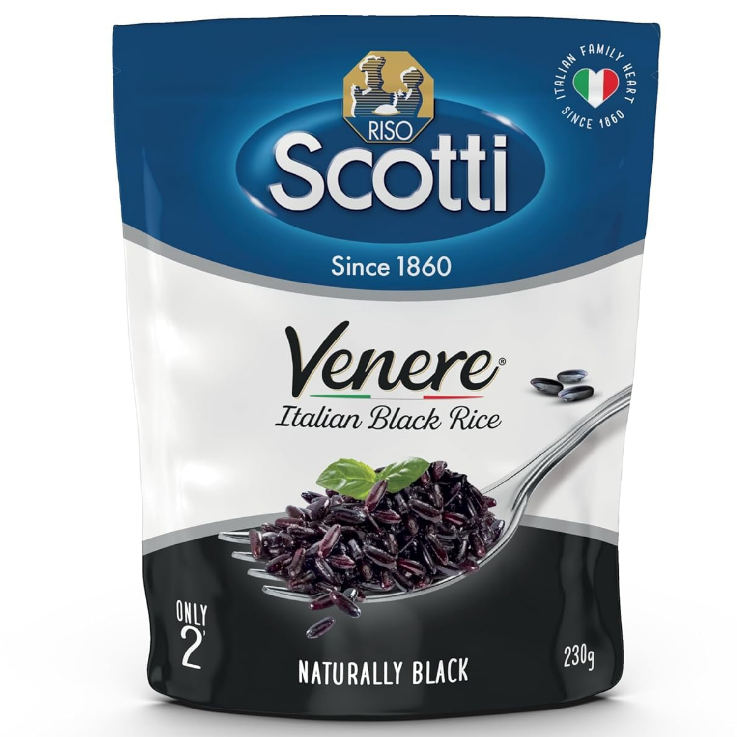 A 230g stand-up pouch of Riso Scotti Venere Italian Black Rice, featuring a blue, white, and black packaging design with a photo of black rice on a spoon.