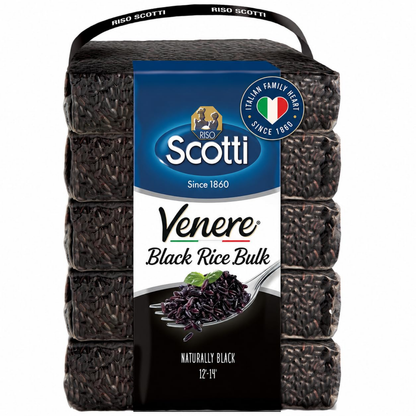 A bulk package of Riso Scotti Venere Black Rice, showing twelve individually wrapped bundles of black rice stacked together with a blue and white central label.