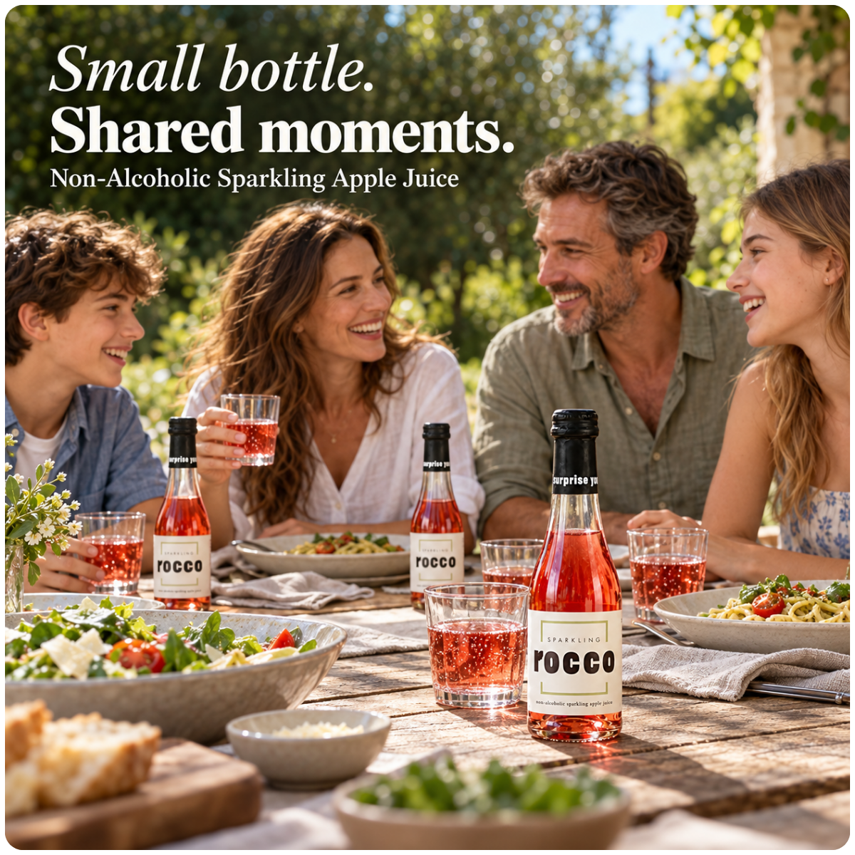Four people sitting around an outdoor dining table sharing plates of food and glasses of sparkling apple juice. Several bottles of Focco Non-Alcoholic Sparkling Apple Juice are visible on the table, with large promotional text at the top reading 'Small bottle.