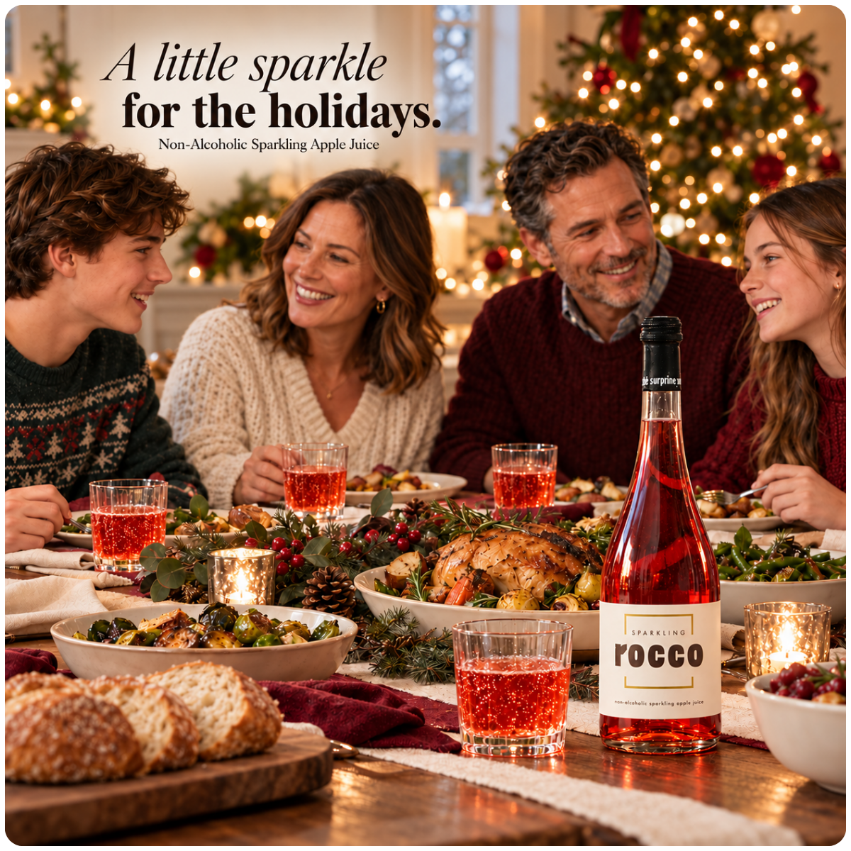 A family of four smiling and laughing around a holiday dinner table, with a bottle of sparkling apple juice in the foreground and festive Christmas trees and lights in the background. Text at the top reads, 'A little sparkle for the holidays.