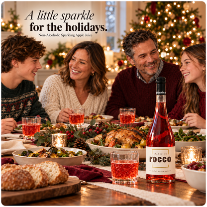 A family of four smiling and laughing around a holiday dinner table, with a bottle of sparkling apple juice in the foreground and festive Christmas trees and lights in the background. Text at the top reads, 'A little sparkle for the holidays.