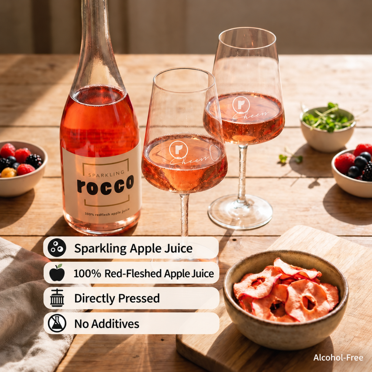 A bottle of Rocco Sparkling Apple Juice with two stemmed glasses filled with pinkish-red juice on a wooden table, surrounded by small bowls of berries, greens, and apple slices. Text overlays describe the product as sparkling apple juice, 100% red-fleshed apple juice, directly pressed, and alcohol-free.