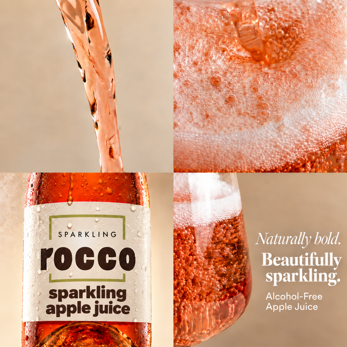A four-panel collage for Rocco Sparkling Apple Juice. The bottom-left panel shows a bottle of the juice with a white label reading 'SPARKLING rocco sparkling apple juice.