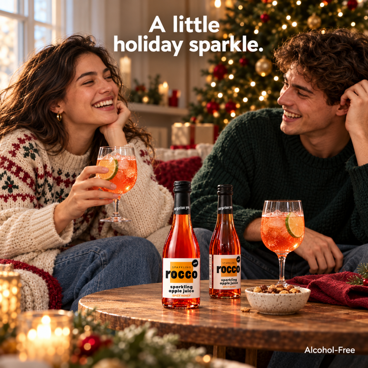 A festive holiday scene with a smiling woman and man sitting together in a warmly lit living room. Two bottles of Rocco sparkling apple juice are placed on a wooden table in front of them, alongside two pink cocktails with lime slices.