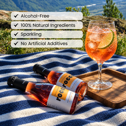 Two bottles of Rockrose sparkling wine and a filled wine glass on a striped blanket outdoors, with text overlays highlighting product benefits.