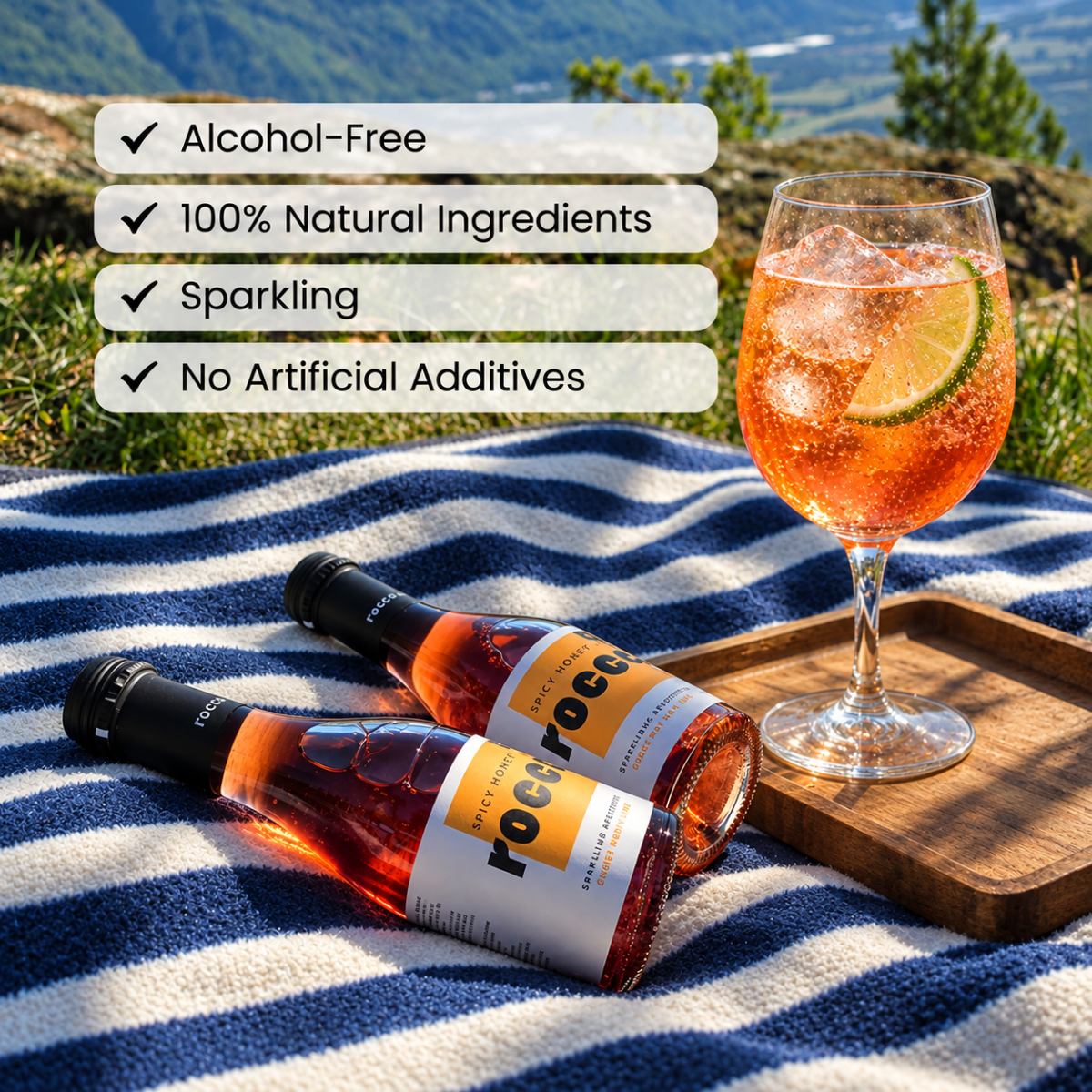 Two bottles of Rockrose sparkling wine and a filled wine glass on a striped blanket outdoors, with text overlays highlighting product benefits.