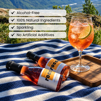 Two bottles of Rockrose sparkling wine and a filled wine glass on a striped blanket outdoors, with text overlays highlighting product benefits.