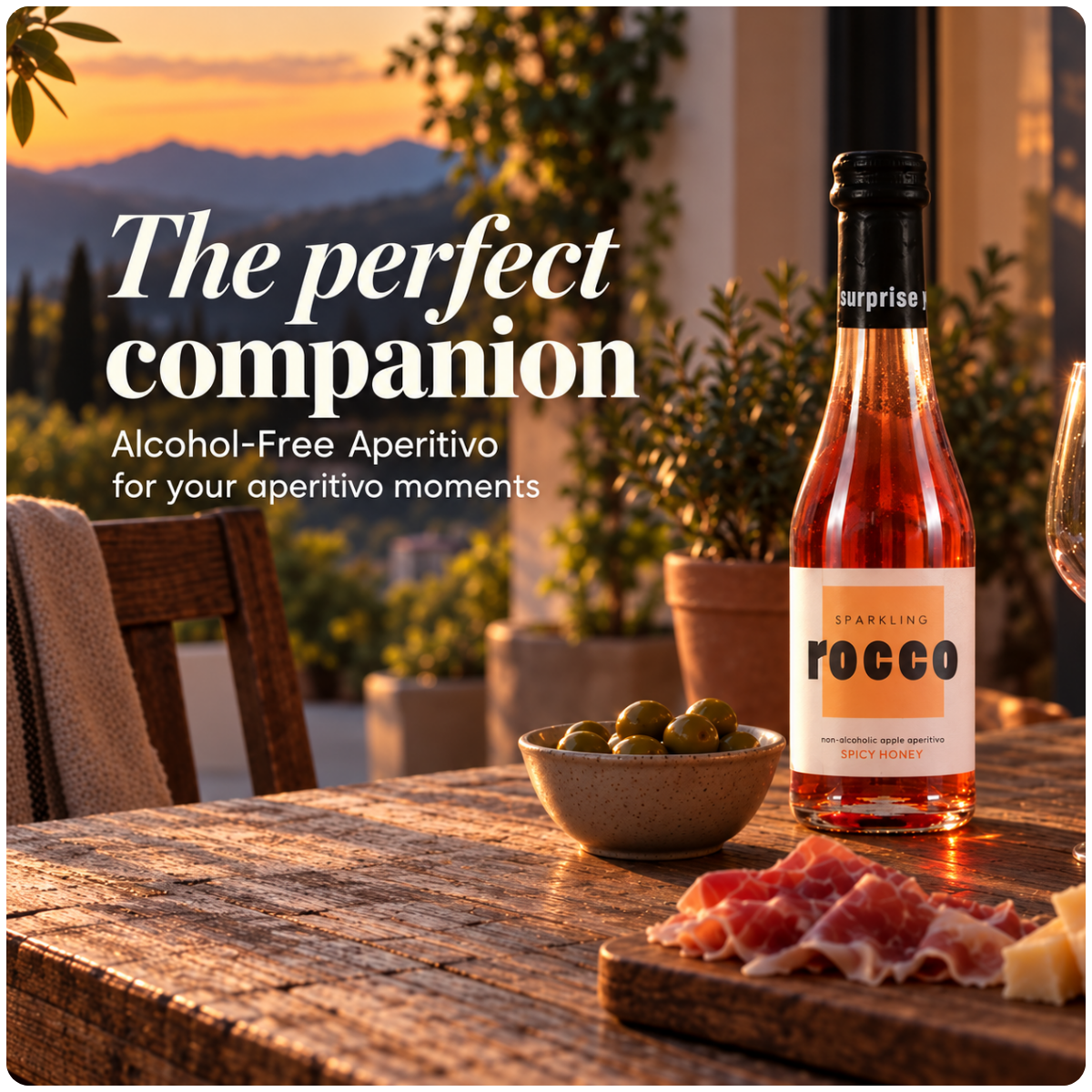 A bottle of Rocco Sparkling Aperitivo is displayed on a rustic wooden table in a warm, outdoor dining setting at sunset, accompanied by a bowl of olives, sliced prosciutto, and a glass. Text on the left reads 'The perfect companion Alcohol-Free Aperitivo for your aperitivo moments'.