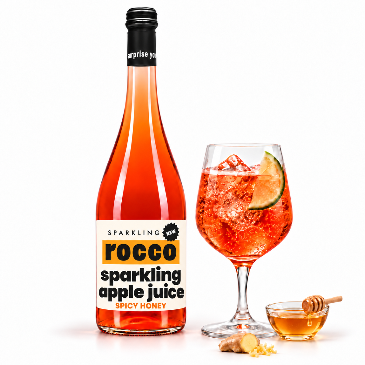 A bottle of Rocco Sparkling Apple Juice (Spicy Honey flavor) next to a glass of the pinkish-orange sparkling drink garnished with a lime wedge, with a small honey bowl and ginger on a clean white background.