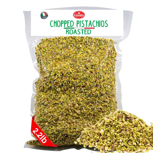 Bag of roasted chopped pistachios with Gusto branding on a white background