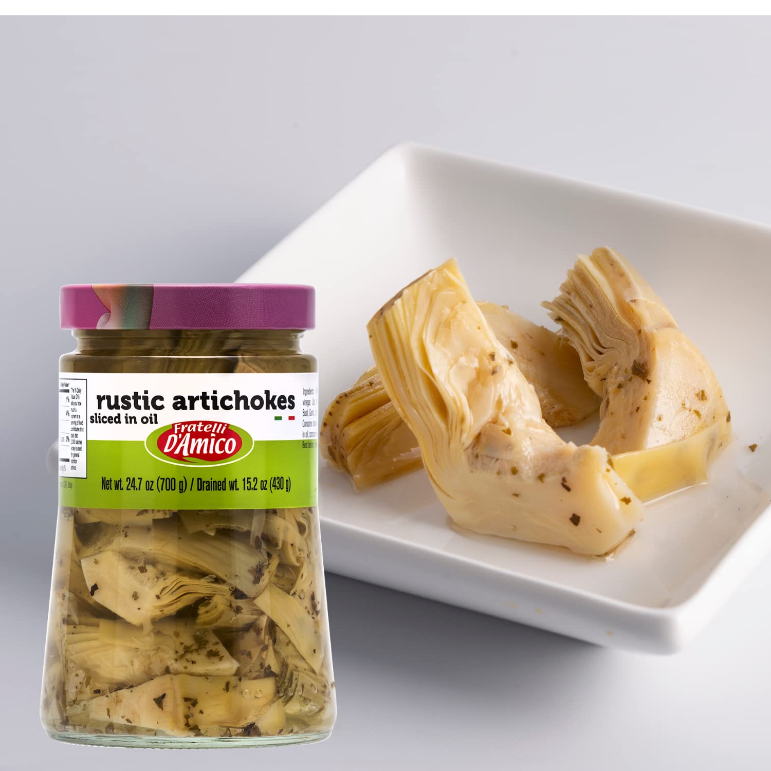 Jar of Fratelli D’Amico rustic artichokes sliced in oil 700g authentic Italian antipasto