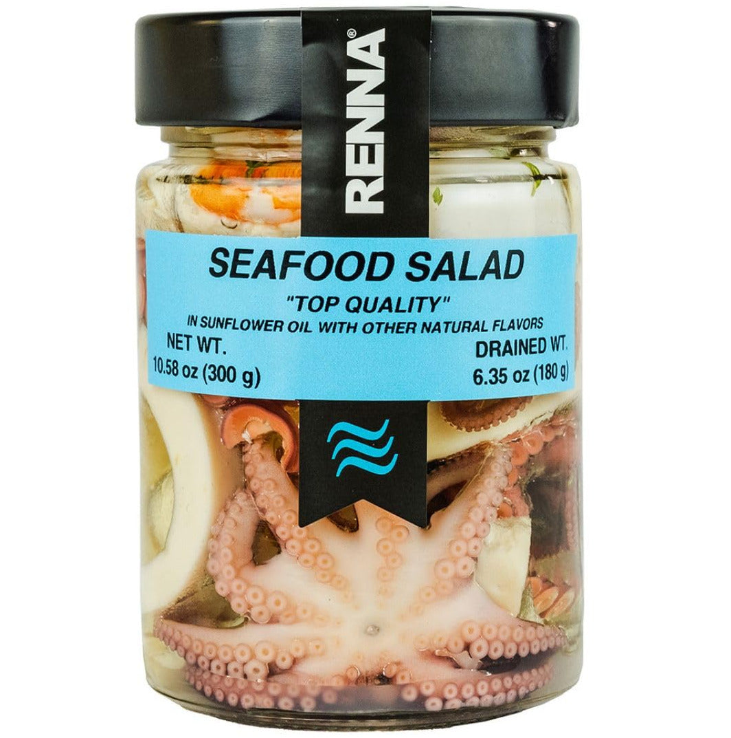 Renna Italian seafood salad in sunflower oil, 10.58 oz glass jar