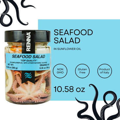 Renna Italian seafood salad in sunflower oil, non GMO and gluten free, product of Italy
