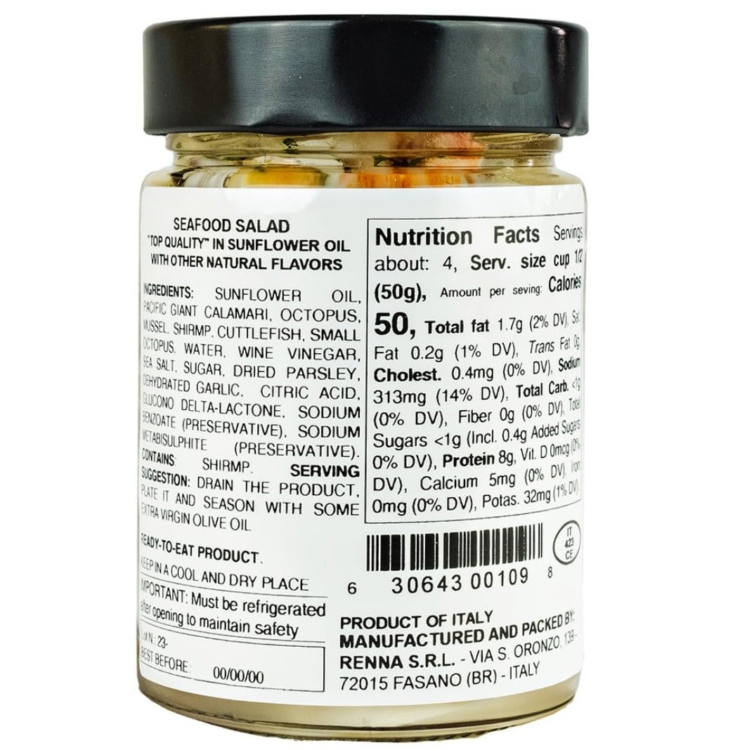 Back label of Renna Italian seafood salad showing nutrition facts and ingredients
