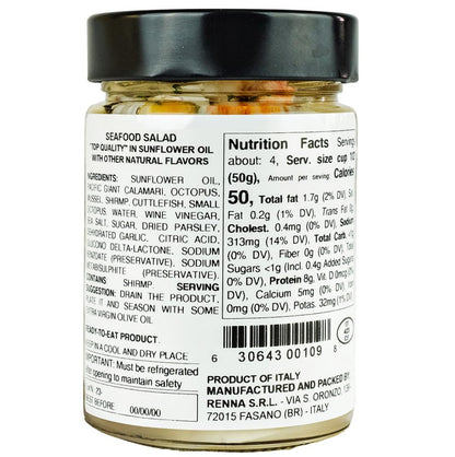 Back label of Renna Italian seafood salad showing nutrition facts and ingredients