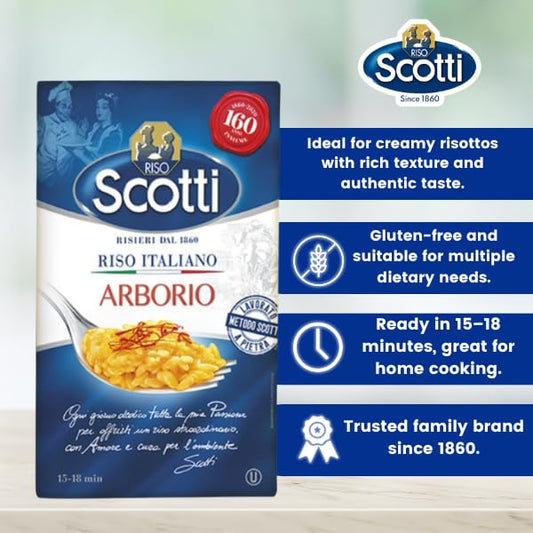 Riso Scotti Arborio Rice packaging with product highlights: ideal for creamy risottos, gluten-free, ready in 15–18 minutes, trusted Italian family brand since 1860