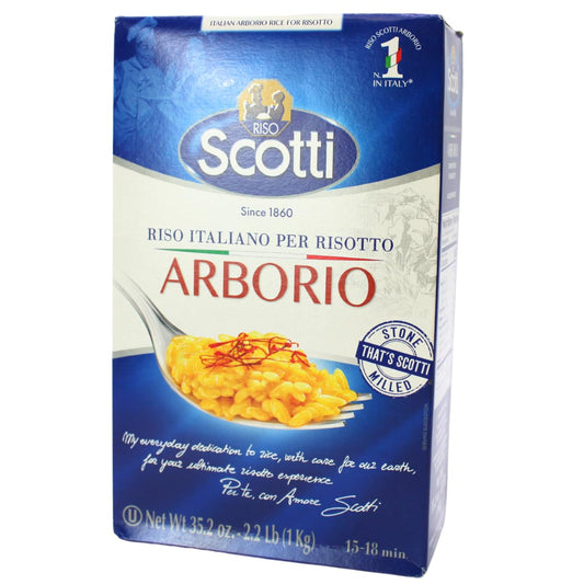 Box of Riso Scotti Arborio Rice, 2.2 lb (1 kg), authentic Italian risotto rice, featuring premium stone-milled grains, ideal for preparing traditional risotto dishes