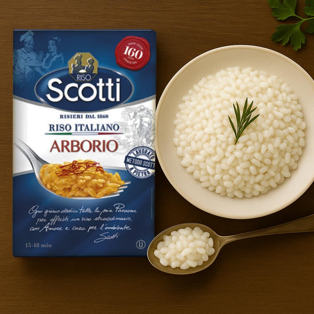 Riso Scotti Arborio Rice packaging next to a bowl of cooked Arborio rice garnished with rosemary and a spoonful of rice on a wooden table