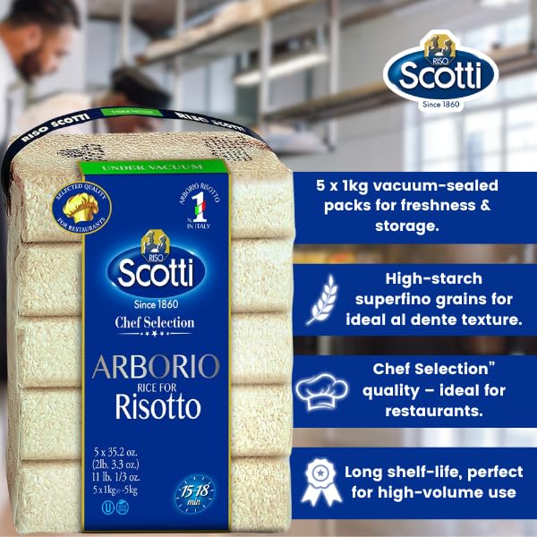 Scotti Arborio rice packaging with product details and Scotti logo.