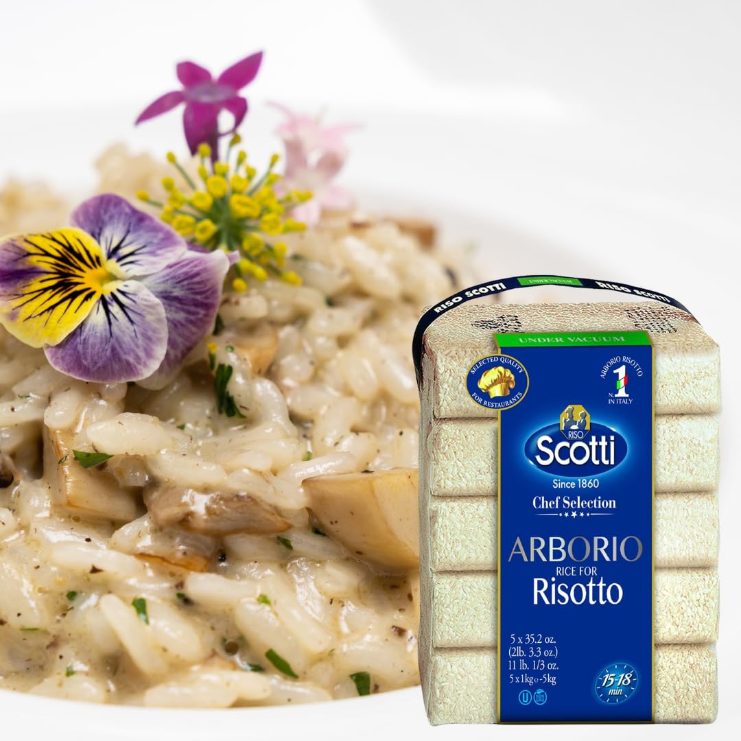 Box of Scotti Arborio rice for risotto with a dish of risotto in the background