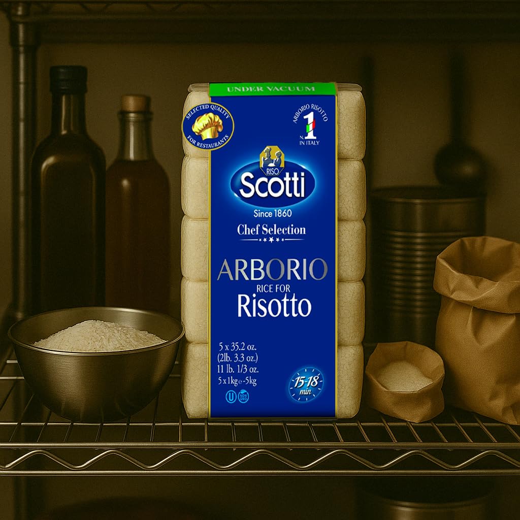 Scotti Arborio rice for risotto on a shelf with kitchen items in the background