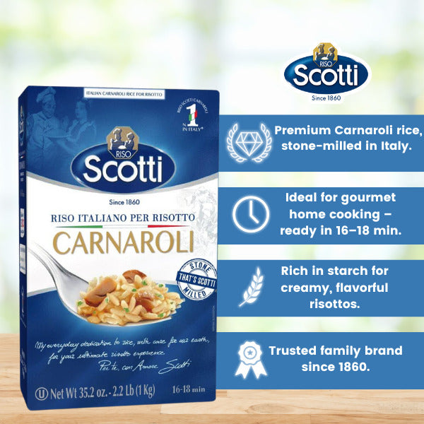 Box of Riso Scotti Carnaroli Rice 2.2 lbs (1 kg) with product highlights—premium Italian rice, stone-milled, ideal for creamy risottos, ready in 16–18 minutes.
