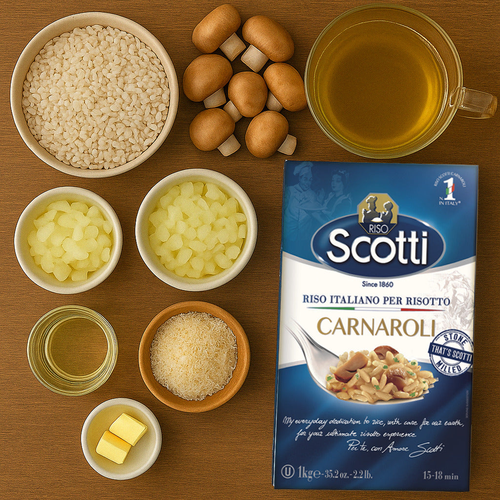 Ingredients for risotto including rice, mushrooms, onions, broth, butter, Parmesan cheese, and olive oil, displayed next to a box of Riso Scotti Carnaroli Rice.