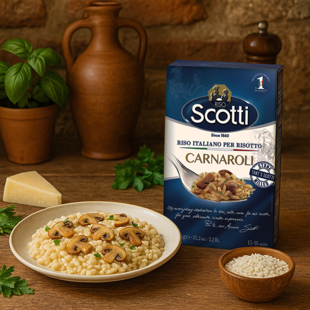 Plate of creamy mushroom risotto made with Riso Scotti Carnaroli Rice, displayed alongside the rice box, fresh parsley, Parmesan cheese, and rustic kitchen decor.