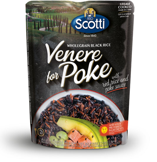 Packaging of Riso Scotti Venere Black 'Poke' Rice with an image of the rice and poke sauce, indicating it is wholegrain black rice intended for poke dishes.