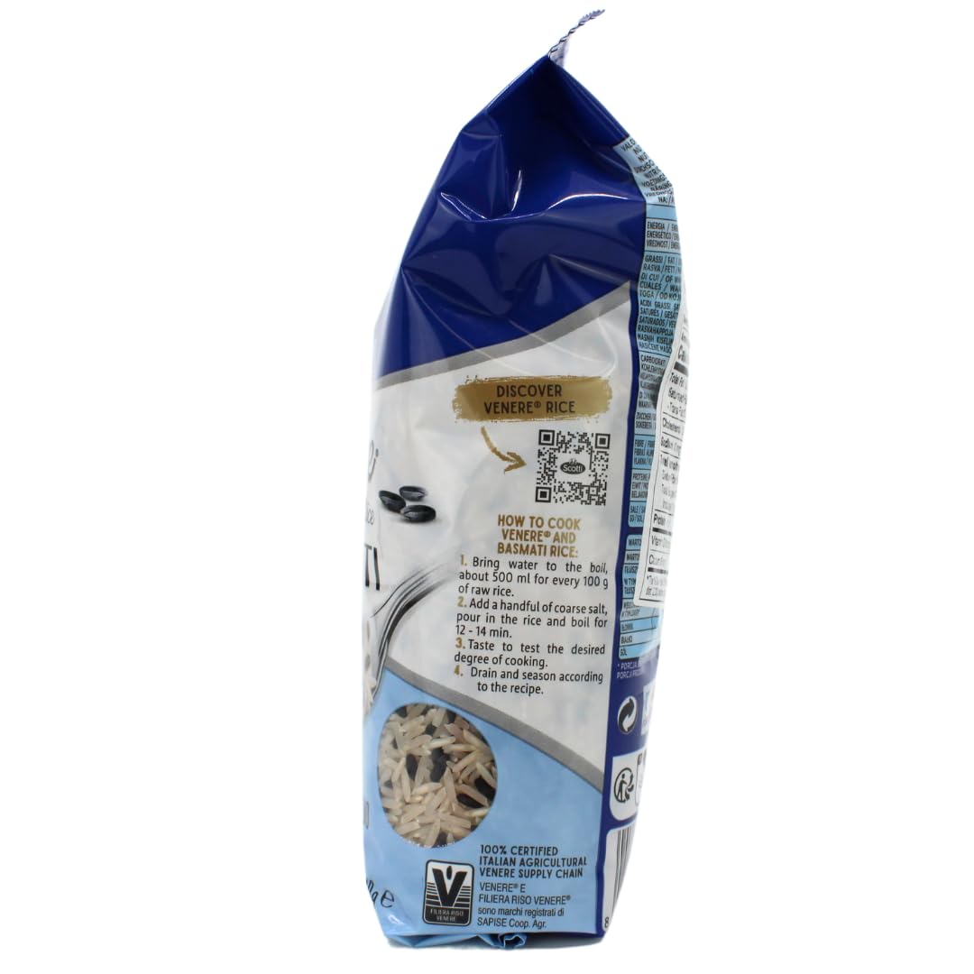 Side view of Riso Scotti Venere Italian Black Rice & Basmati package showing cooking instructions, QR code, and transparent window with rice grains inside