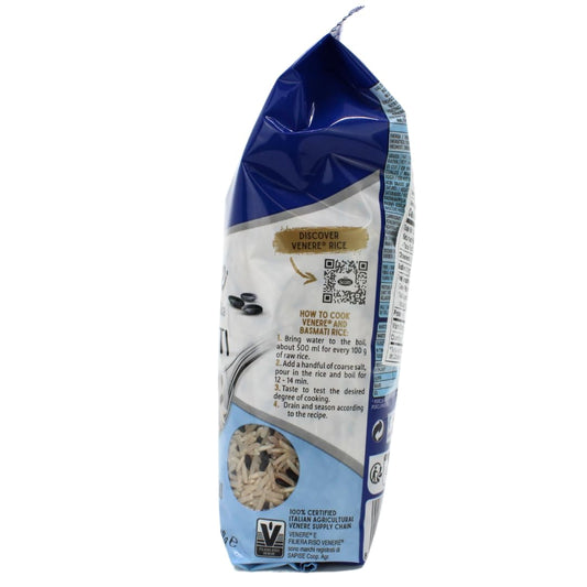 Side view of Riso Scotti Venere Italian Black Rice & Basmati package showing cooking instructions, QR code, and transparent window with rice grains inside