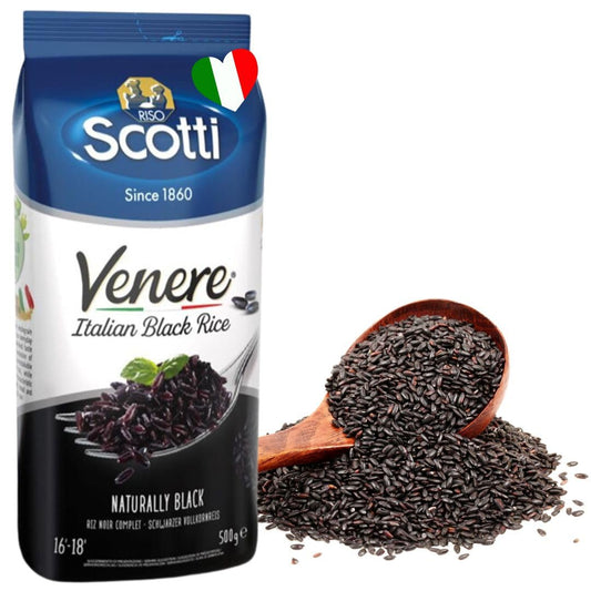 Package of Riso Scotti Venere Italian Black Rice, 500 g, displayed next to a wooden spoon filled with glossy black whole grain rice, highlighting its natural color and premium quality