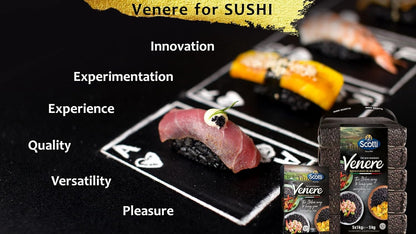 Promotional image for Riso Scotti Venere Black Rice for Sushi. In the foreground, sushi made with black rice is topped with tuna, cream, and caviar, placed on a black surface styled like playing cards. On the right, packaged Riso Scotti Venere Wholegrain Black Rice (500g and 5x1kg) is displayed. Text highlights key values: "Innovation, Experimentation, Experience, Quality, Versatility, Pleasure.