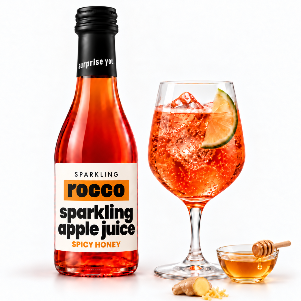 A bottle of Rocco Sparkling Apple Juice in the Spicy Honey flavor stands next to a filled cocktail glass with ice, a lime wedge, ginger, and a small bowl of honey on a white background.