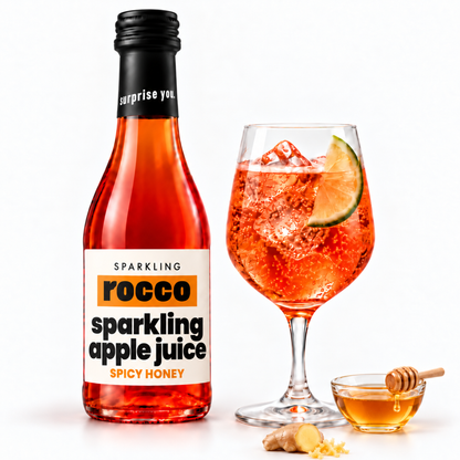 A bottle of Rocco Sparkling Apple Juice in the Spicy Honey flavor stands next to a filled cocktail glass with ice, a lime wedge, ginger, and a small bowl of honey on a white background.