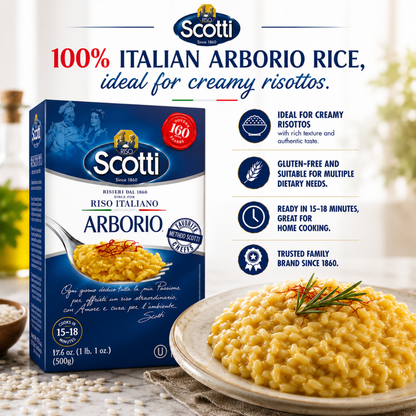 Scotti Riso Italiano Arborio rice box shown next to a plated serving of creamy yellow rice with a sprig of rosemary, on a light neutral background with product benefits text.