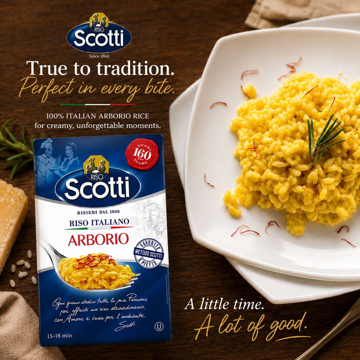 Scotti Riso Italiano Arborio rice pasta package shown beside a plated serving of yellow rice on a dark wooden table, with marketing text and a knife in the frame.