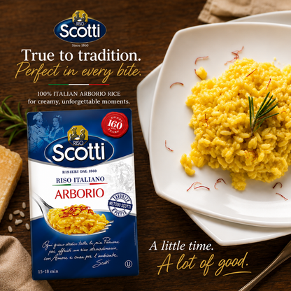 Scotti Riso Italiano Arborio rice pasta package shown beside a plated serving of yellow rice on a dark wooden table, with marketing text and a knife in the frame.