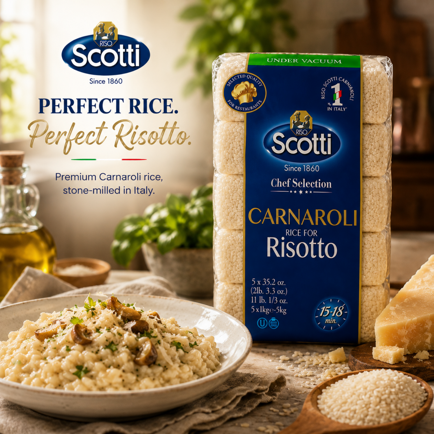 A package of Scotti Perfect Rice Carnaroli risotto rice stands on a rustic table beside a bowl of prepared risotto, cheese, and oil, with the Scotti brand and product text prominently shown.