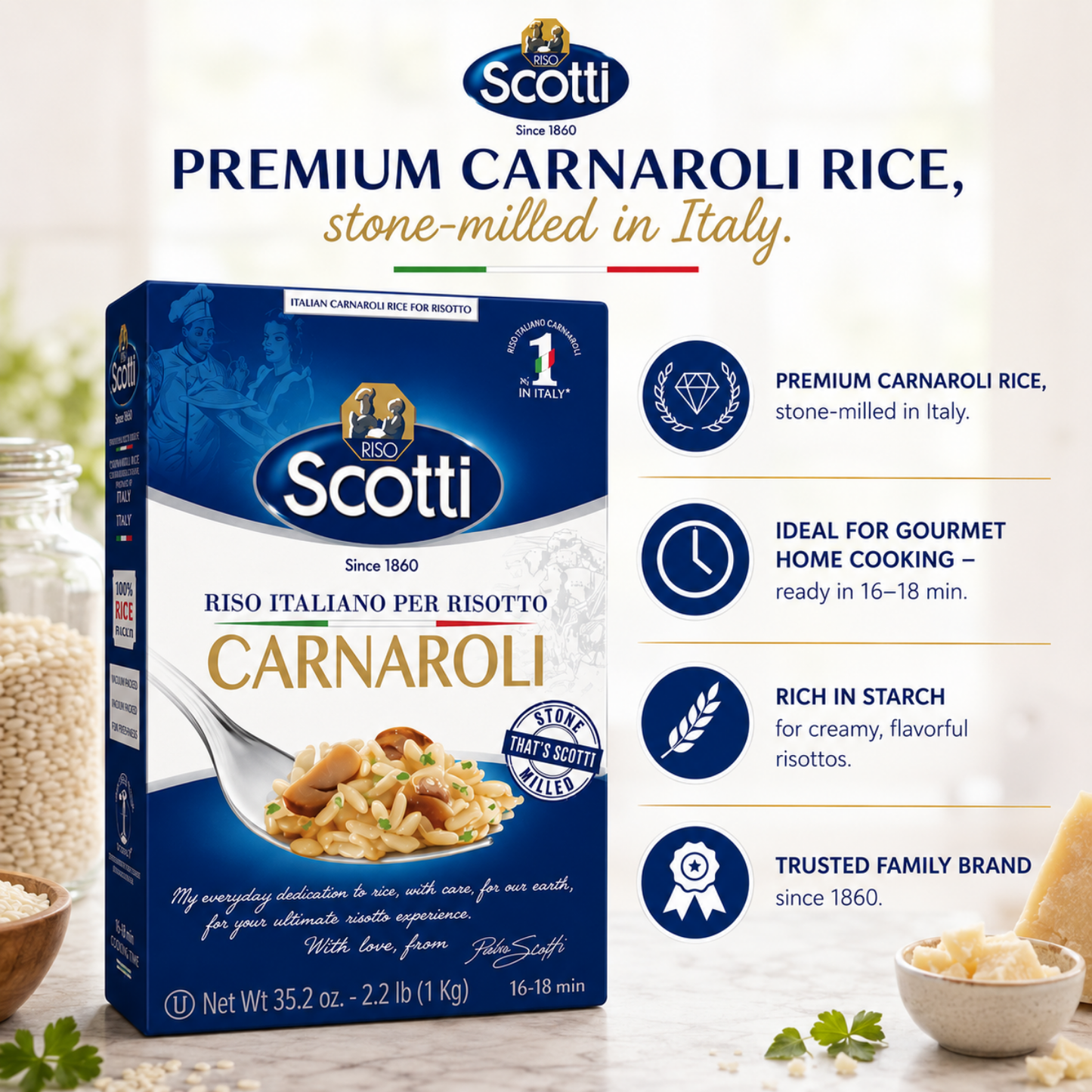 Scotti Premium Carnaroli Rice box shown on a bright kitchen-style background with ingredient props and feature callouts. The package is blue and white with gold text, and the image includes text reading 'PREMIUM CARNAROLI RICE, stone-milled in Italy.
