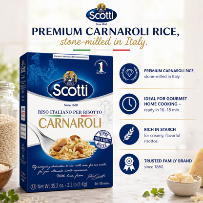 Scotti Premium Carnaroli Rice box shown on a bright kitchen-style background with ingredient props and feature callouts. The package is blue and white with gold text, and the image includes text reading 'PREMIUM CARNAROLI RICE, stone-milled in Italy.