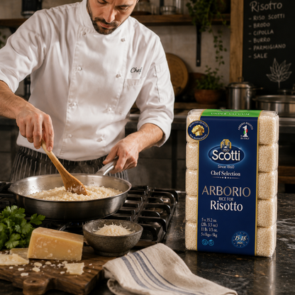 A chef in a white uniform stirs a pan of risotto on a stove, with a package of Scotti Arborio Rice on Risotto standing on the counter beside it. The scene includes cheese, parsley, a bowl, and a kitchen background.