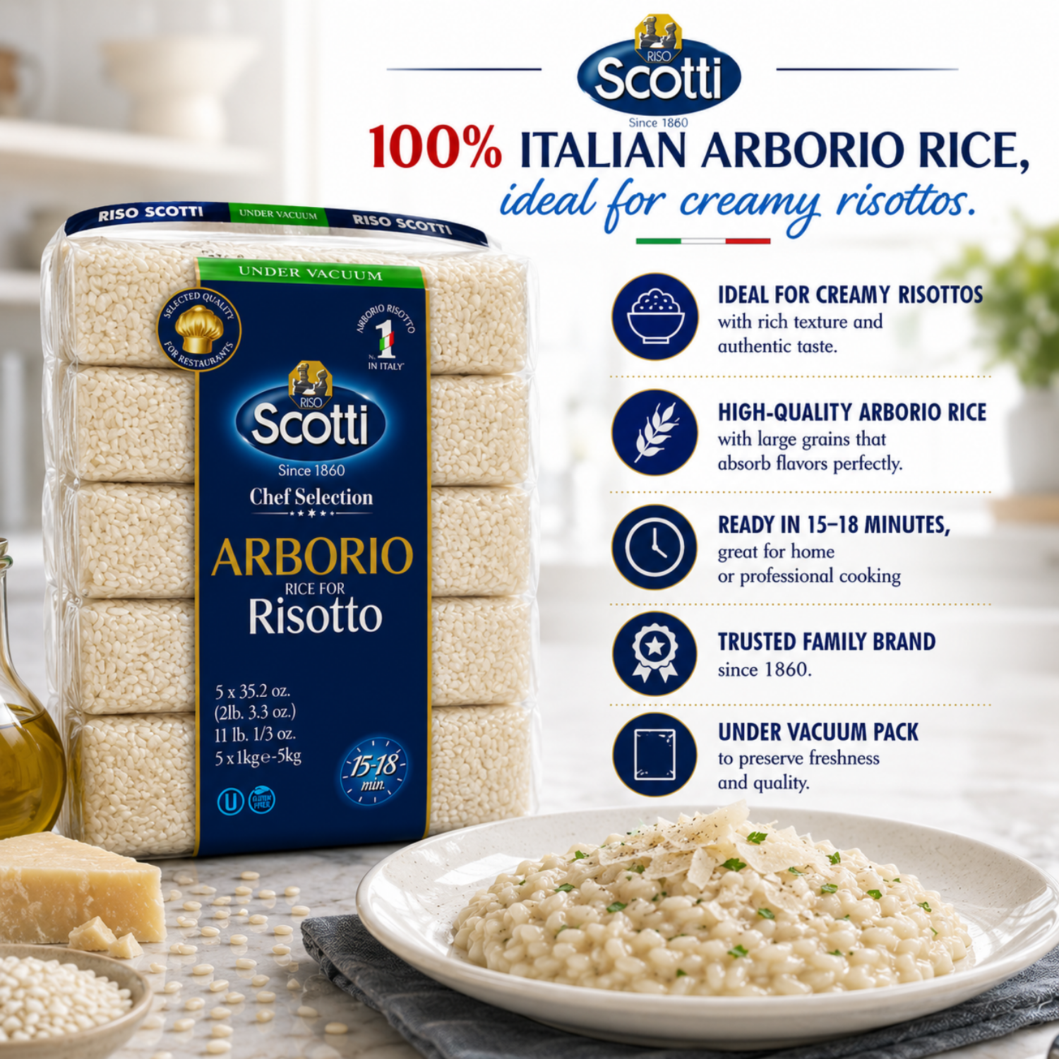 A package of Riso Scotti Arborio Rice for Risotto shown on a kitchen-style background with a plated prepared rice dish and informational text about the product.