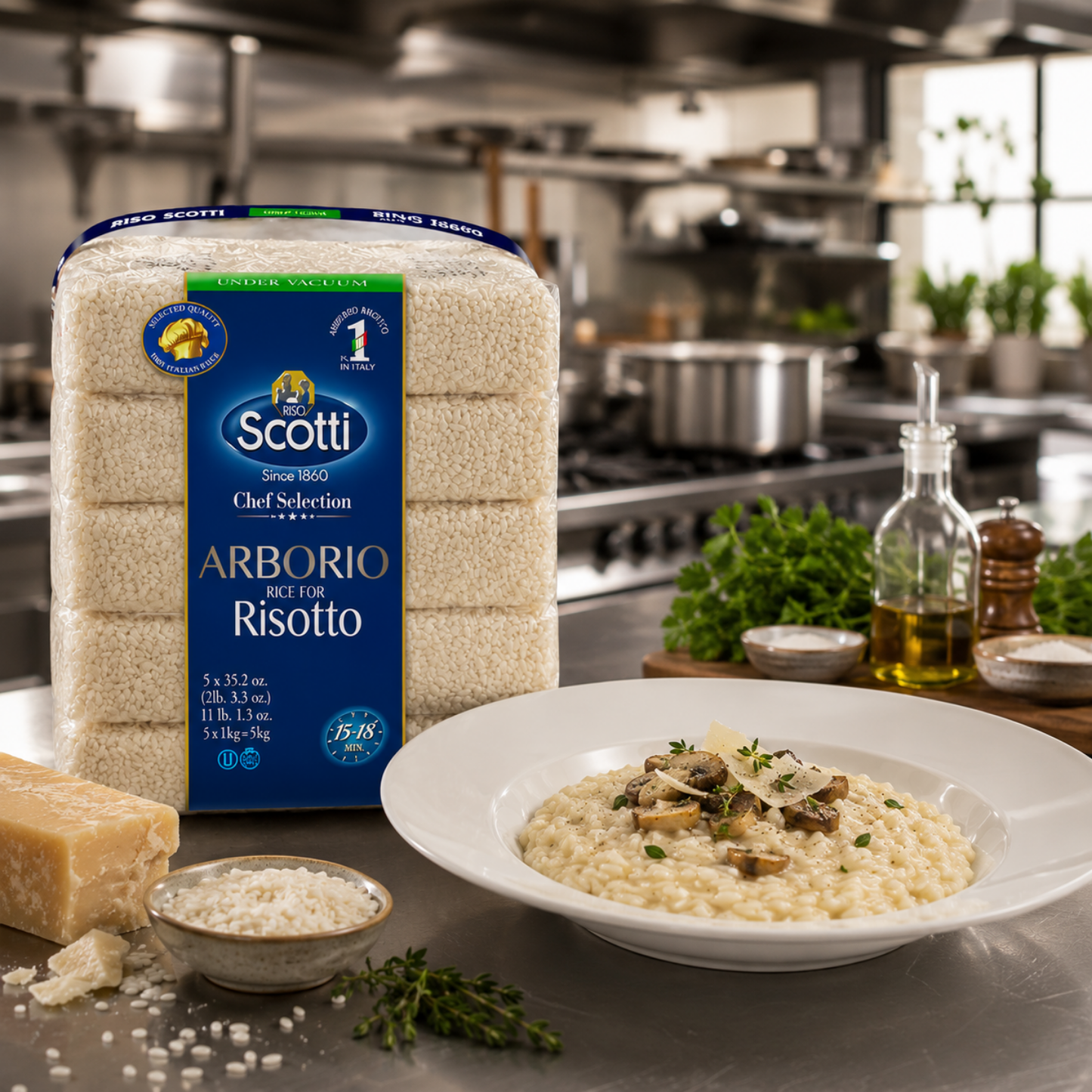 Scotti Arborio Risotto rice in its blue and white packaging, displayed next to a bowl of prepared risotto with mushrooms and herbs, a wedge of Parmesan cheese, and a small bowl of grated rice on a stainless steel kitchen counter with a blurred professional kitchen background.