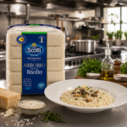Scotti Arborio Risotto rice in its blue and white packaging, displayed next to a bowl of prepared risotto with mushrooms and herbs, a wedge of Parmesan cheese, and a small bowl of grated rice on a stainless steel kitchen counter with a blurred professional kitchen background.
