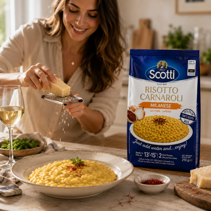 A woman grating cheese over a bowl of pasta in a bright kitchen, with a large bag of Scotti Risotto Carnaroli Milanese standing on the counter beside her.