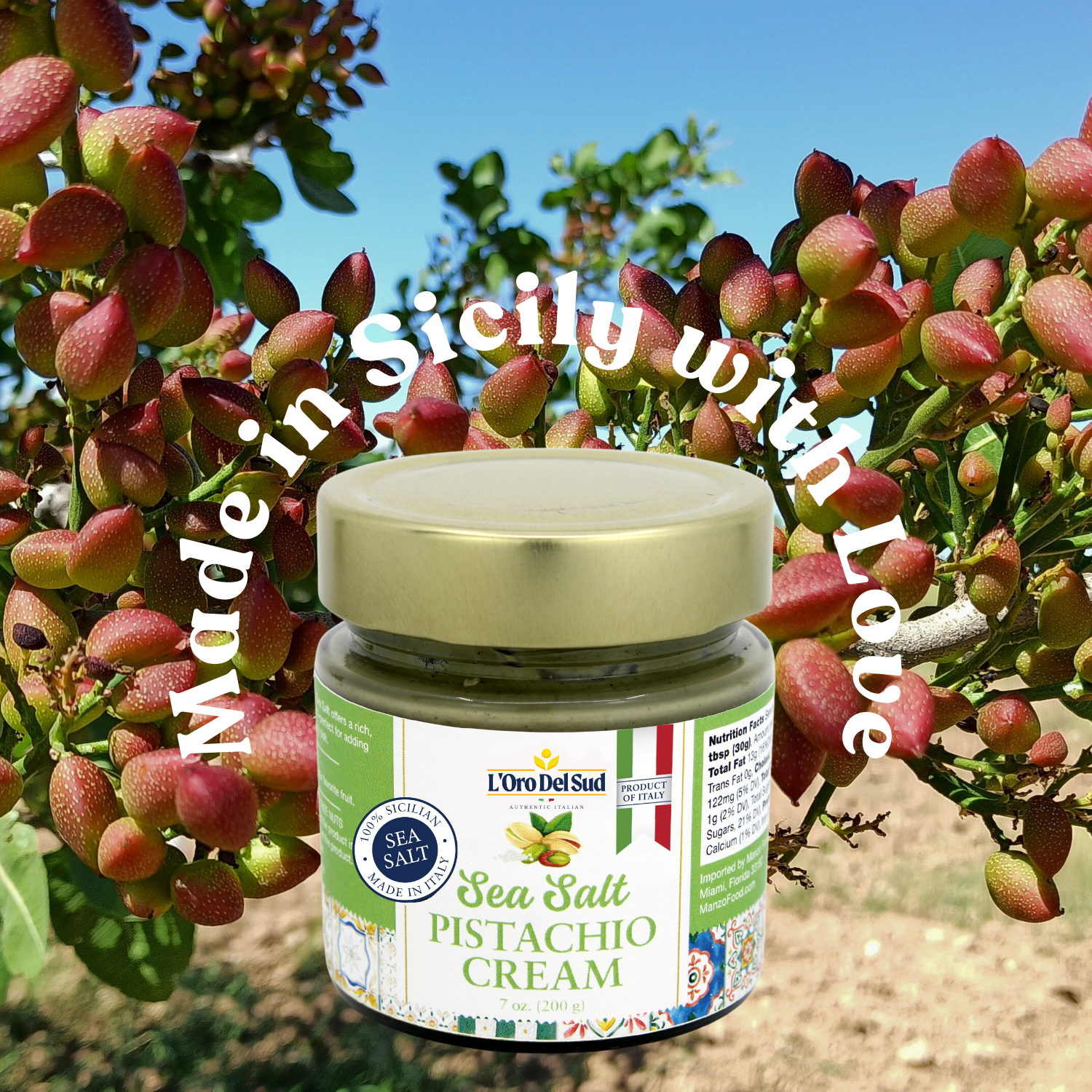 L’Oro Del Sud Pistachio Cream with Sea Salt – Sicilian Sweet & Salty Pistachio Spread, 7 oz (200g), Sweet Pistachio Butter