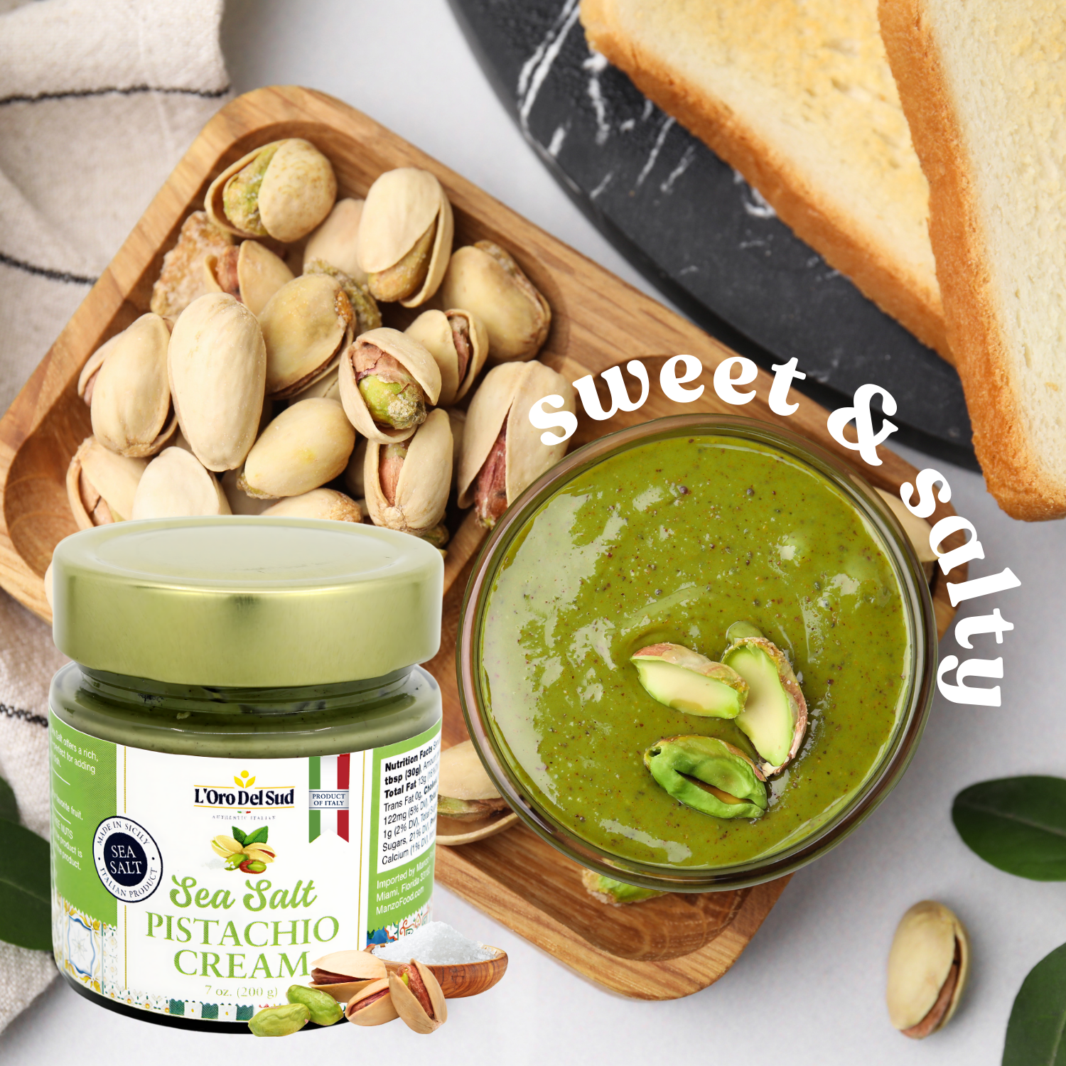 L’Oro Del Sud Pistachio Cream with Sea Salt – Sicilian Sweet & Salty Pistachio Spread, 7 oz (200g), Sweet Pistachio Butter